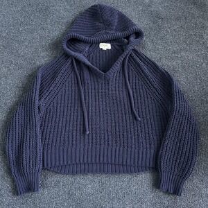 Aerie Sweater Womens Extra Small Blue Hooded Knit Cropped Pullover Chunky V Neck